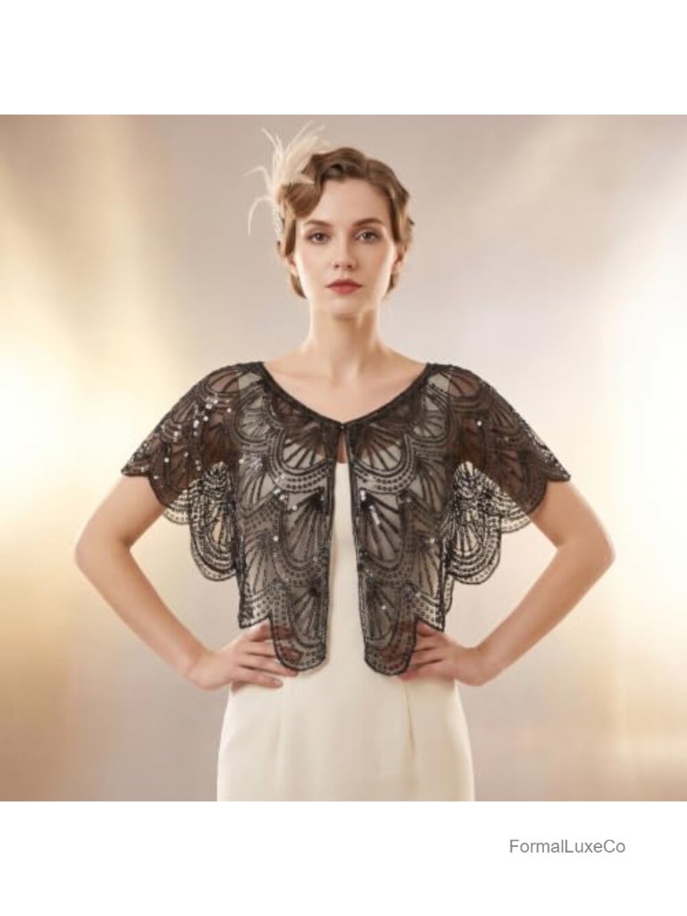 Sequin Shawl Capelet with Metal Hook Closure for Evening Parties - Picture 6 of 6